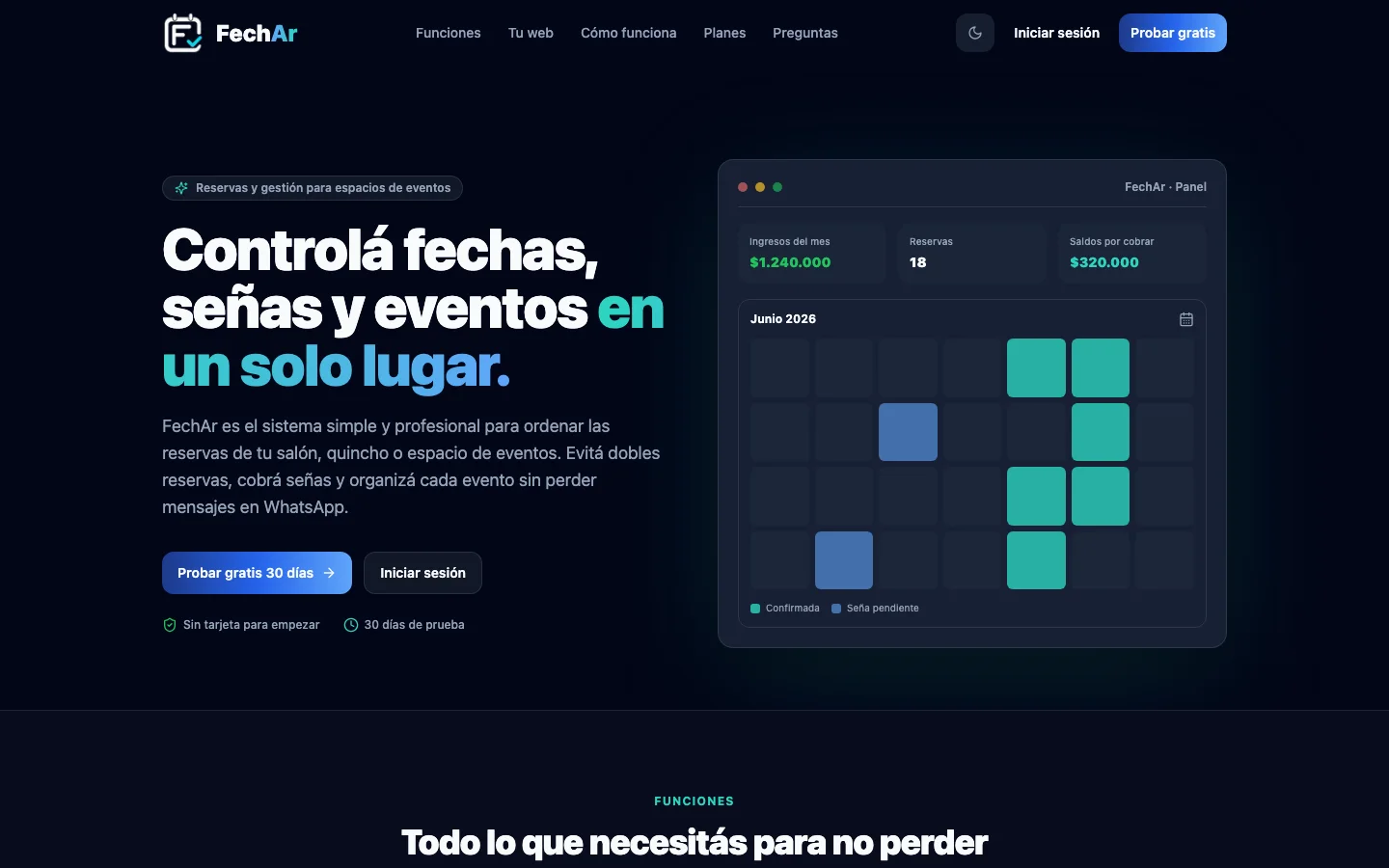 Landing oficial de FechAr con un panel de reservas y calendario de eventos